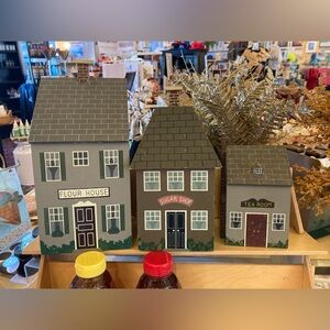 Set of 3 Vintage Wooden Kitchen Canisters: Flour, Sugar, Tea